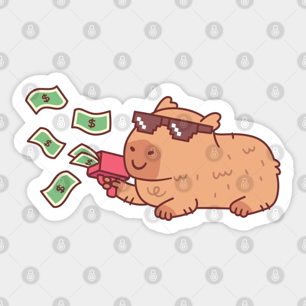Chilling Capybara With Meme Sunglasses And Money Gun Sticker by rustydoodle